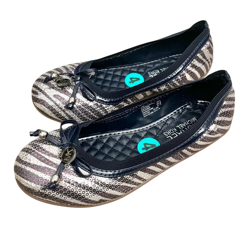 Michael Kors Girls Lil Kory Sequin Zebra Navy Silver Ballet Flat NEW size 4
